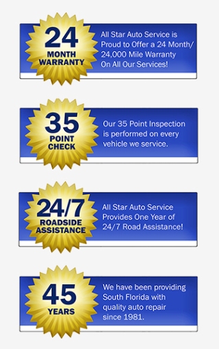 All Star Auto Service in Lake Park FL backs their auto repairs with a nationwide parts and labor warranty.